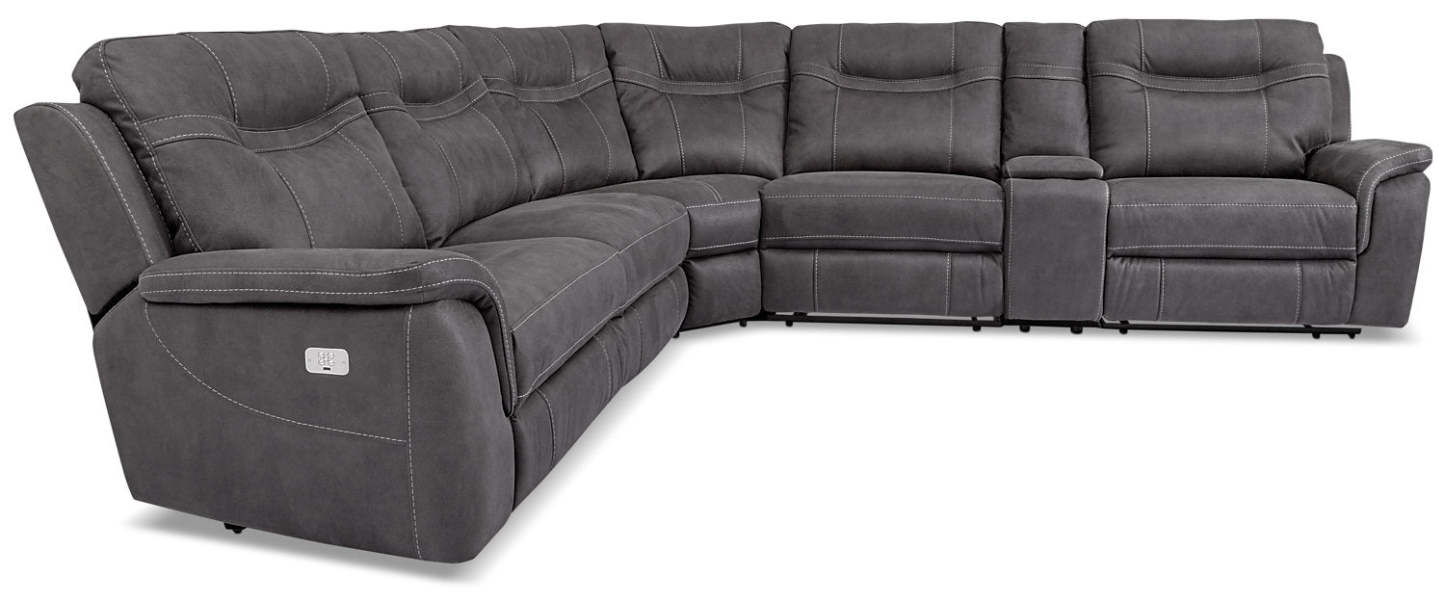 Sofa sectionnel à inclinaison électrique Floy 6 pièces en suédine avec appuie-têtes électriques, console de rangement et port USB - gris