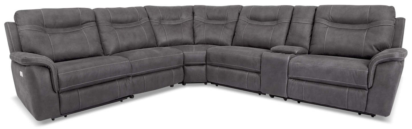Sofa sectionnel à inclinaison électrique Floy 6 pièces en suédine avec appuie-têtes électriques, console de rangement et port USB - gris