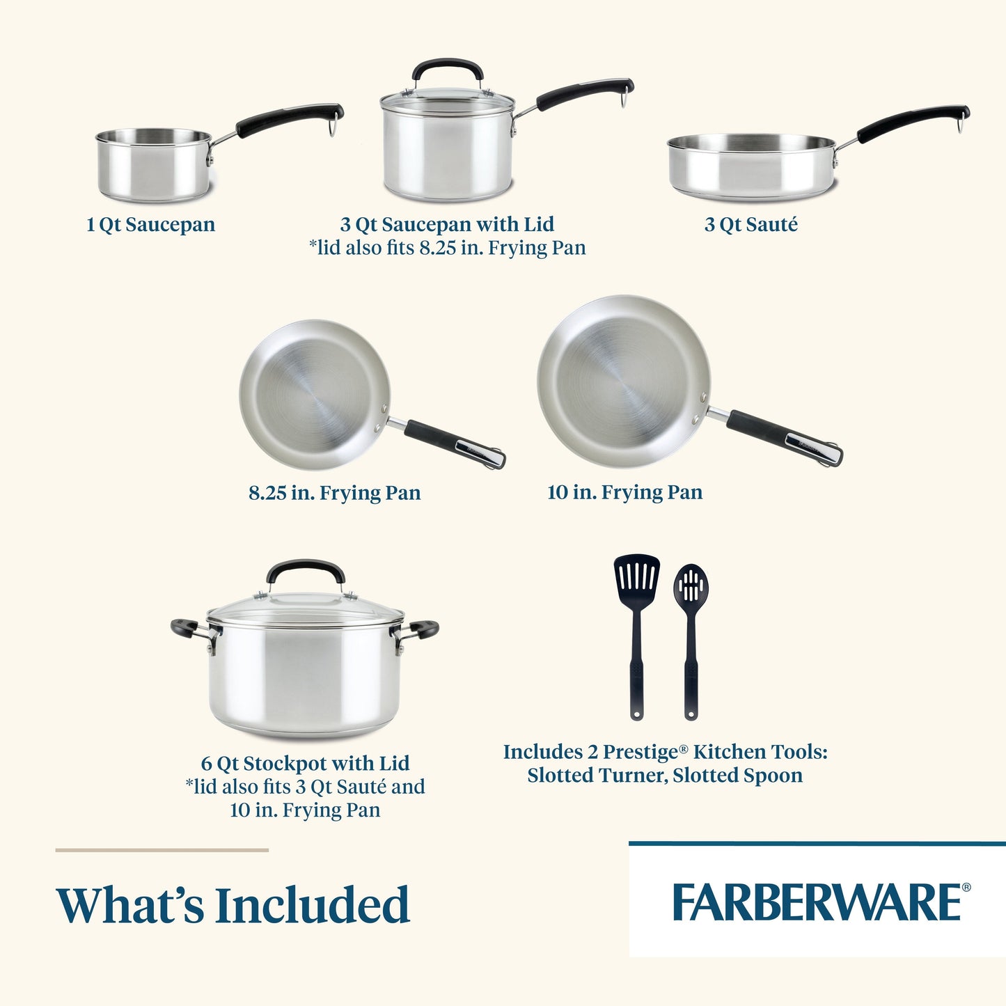 Batterie de cuisine Farberware Brilliance en acier inoxydable, 10 pièces