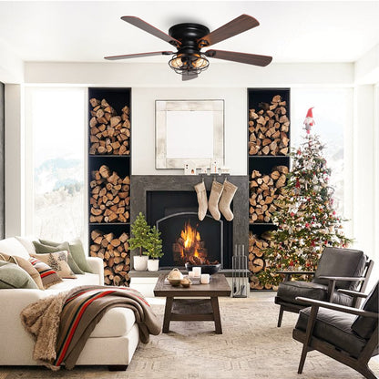 Ventilateur de plafond encastré noir style ferme, 48 po, 5 pales, en bois, profil bas, avec télécommande et ensemble d'éclairage