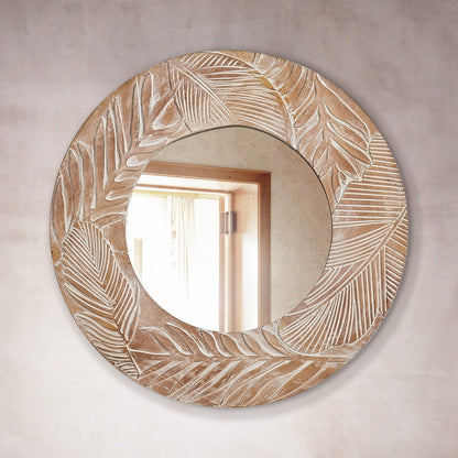 Miroir mural rond en bois sculpté style ferme - 28 x 28