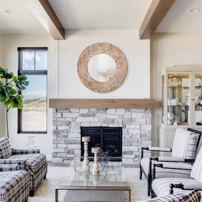 Miroir mural rond en bois sculpté style ferme - 28 x 28