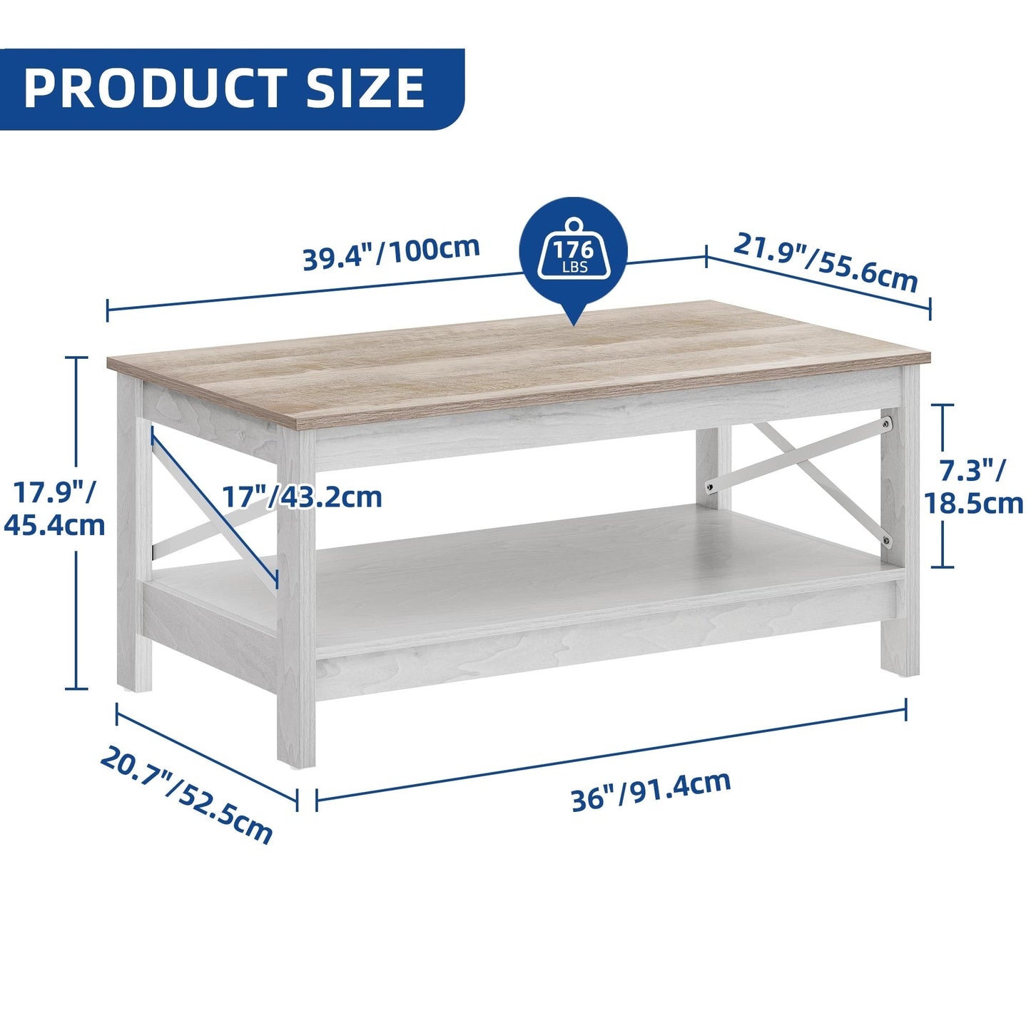 Table basse de style campagnard avec rangement, table centrale à 2 niveaux pour salon