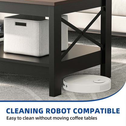 Table basse de style campagnard avec rangement, table centrale à 2 niveaux pour salon