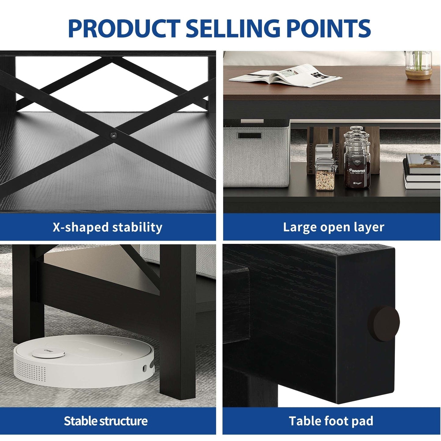 Table basse de style campagnard avec rangement, table centrale à 2 niveaux pour salon