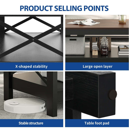 Table basse de style campagnard avec rangement, table centrale à 2 niveaux pour salon