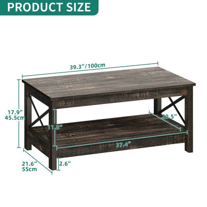 Table basse de style campagnard avec rangement, table centrale à 2 niveaux pour salon