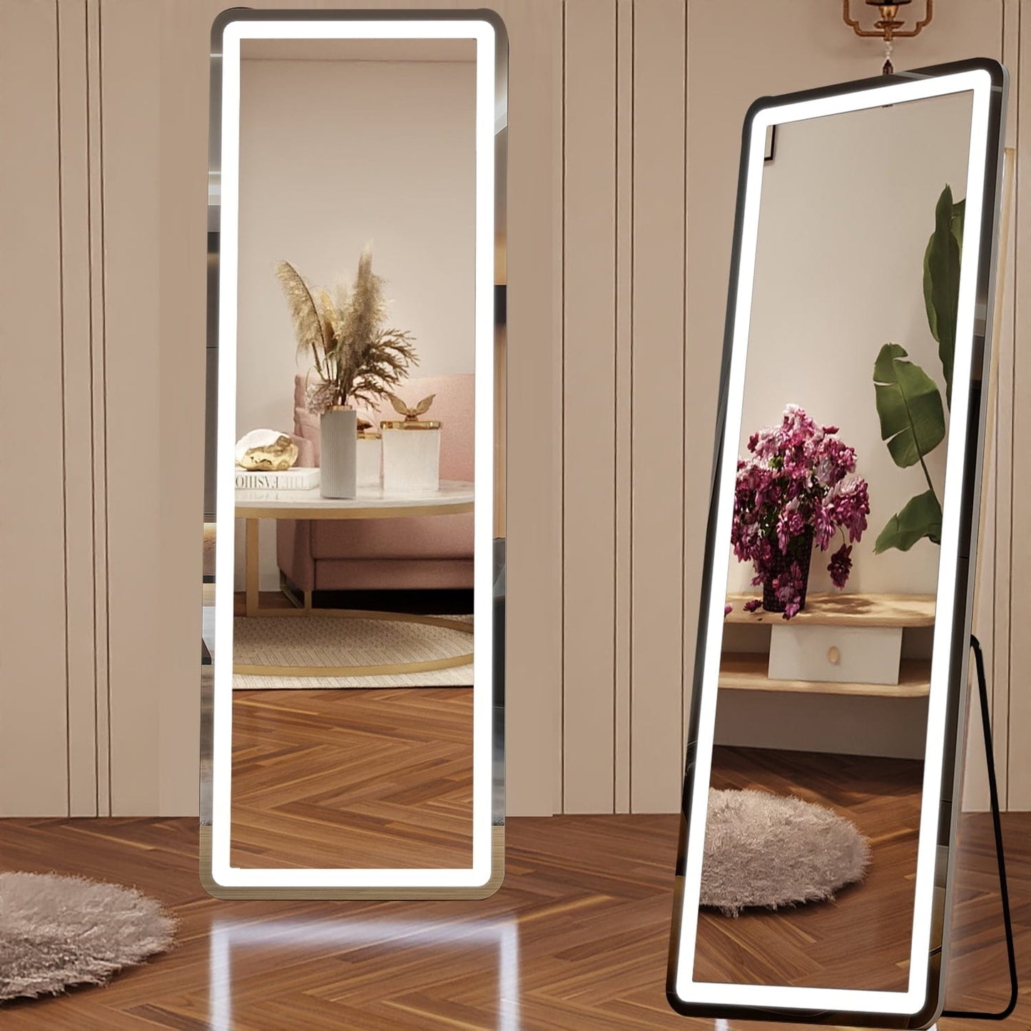 Miroir sur pied avec éclairage LED, miroir pleine longueur 64 x 21 cm avec support, miroir mural, miroir en pied
