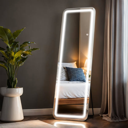 Miroir sur pied avec éclairage LED, miroir pleine longueur 64 x 21 cm avec support, miroir mural, miroir en pied
