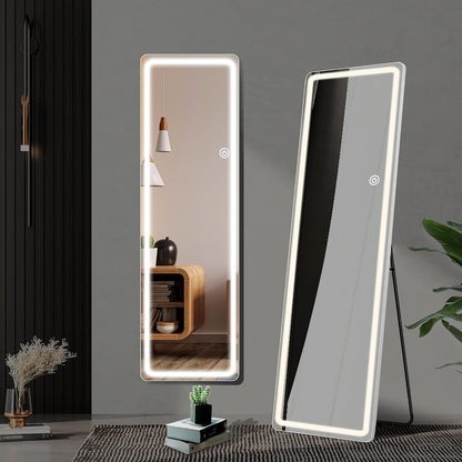 Miroir sur pied avec éclairage LED, miroir pleine longueur 64 x 21 cm avec support, miroir mural, miroir en pied