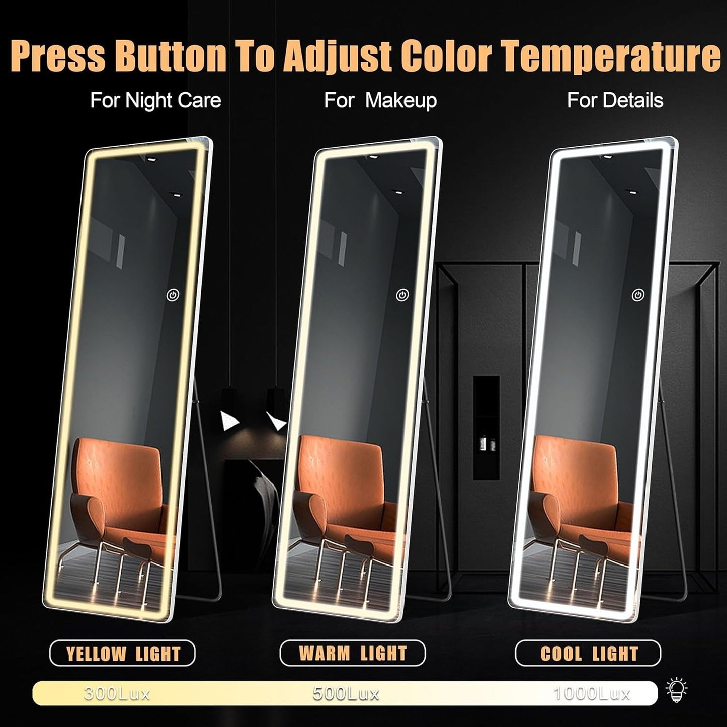 Miroir sur pied avec éclairage LED, miroir pleine longueur 64 x 21 cm avec support, miroir mural, miroir en pied