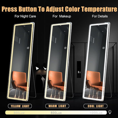 Miroir sur pied avec éclairage LED, miroir pleine longueur 64 x 21 cm avec support, miroir mural, miroir en pied