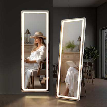 Miroir sur pied avec éclairage LED, miroir pleine longueur 64 x 21 cm avec support, miroir mural, miroir en pied