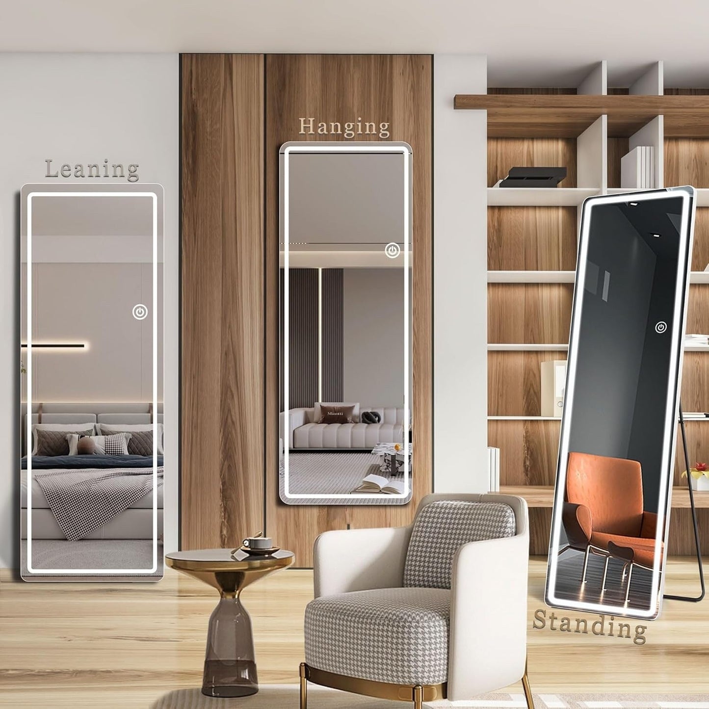 Miroir sur pied avec éclairage LED, miroir pleine longueur 64 x 21 cm avec support, miroir mural, miroir en pied