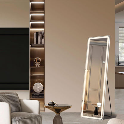 Miroir sur pied avec éclairage LED, miroir pleine longueur 64 x 21 cm avec support, miroir mural, miroir en pied