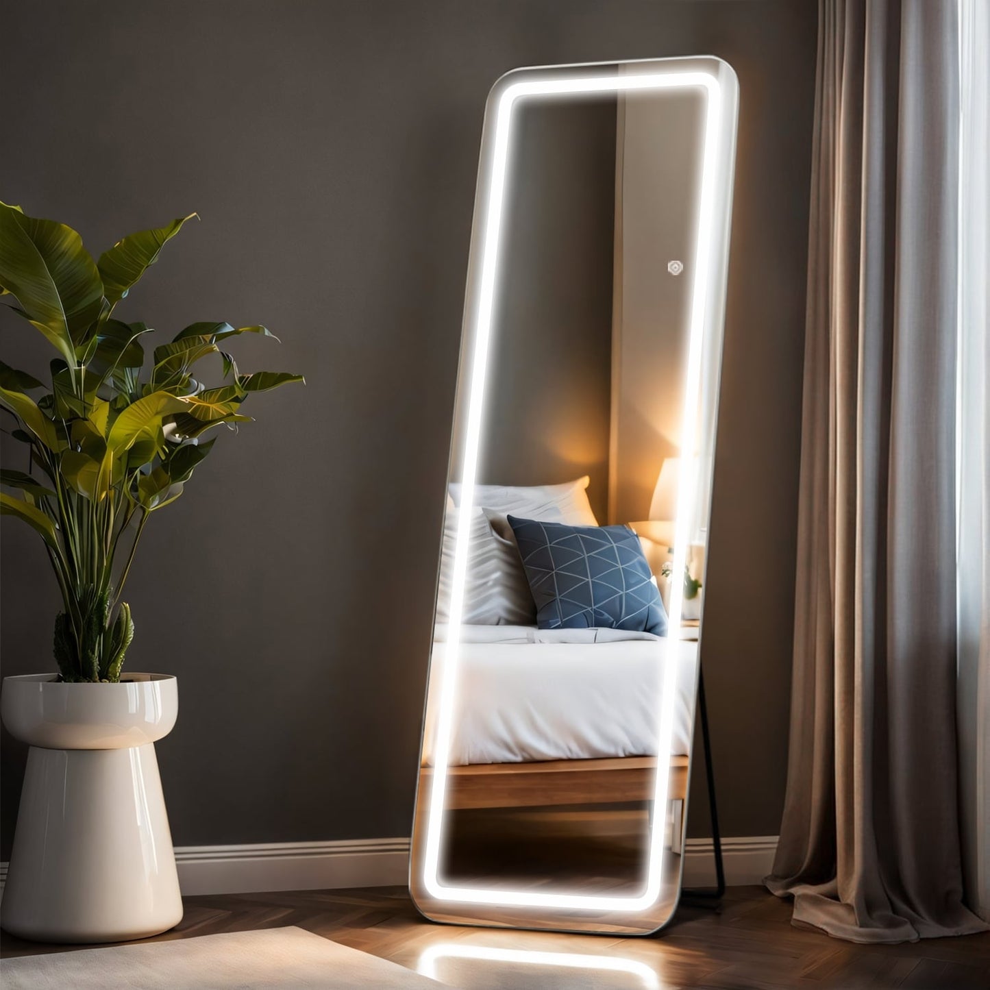 Miroir sur pied avec éclairage LED, miroir pleine longueur 64 x 21 cm avec support, miroir mural, miroir en pied