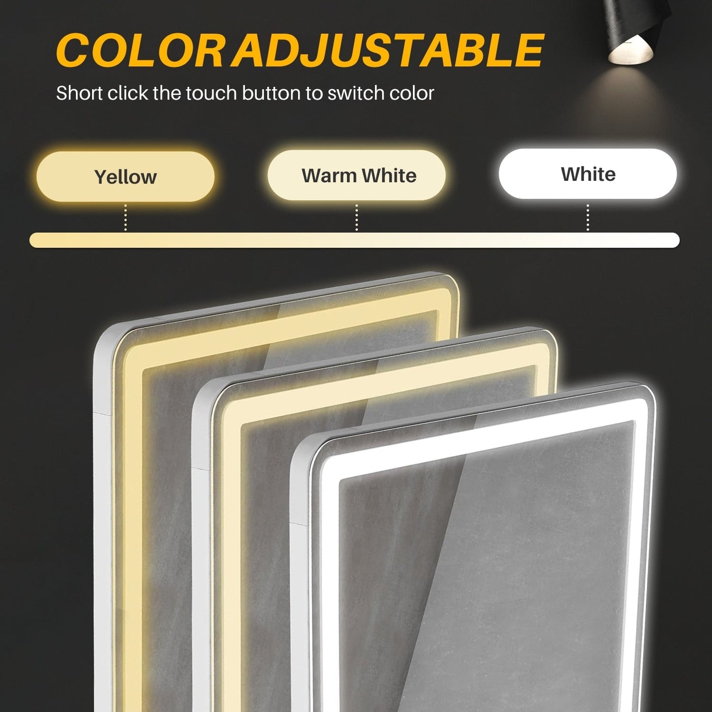 Miroir sur pied avec éclairage LED, miroir pleine longueur 64 x 21 cm avec support, miroir mural, miroir en pied