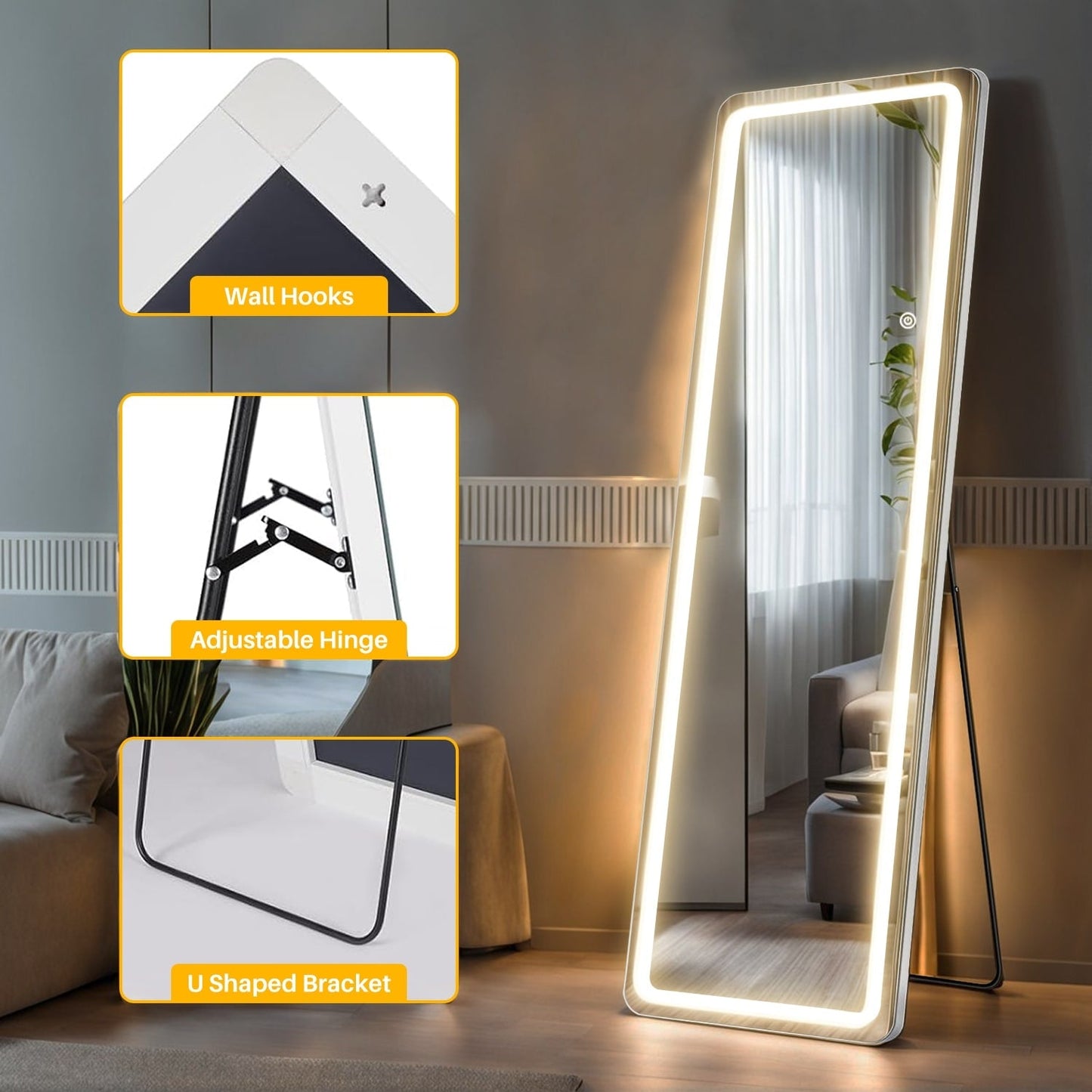 Miroir sur pied avec éclairage LED, miroir pleine longueur 64 x 21 cm avec support, miroir mural, miroir en pied