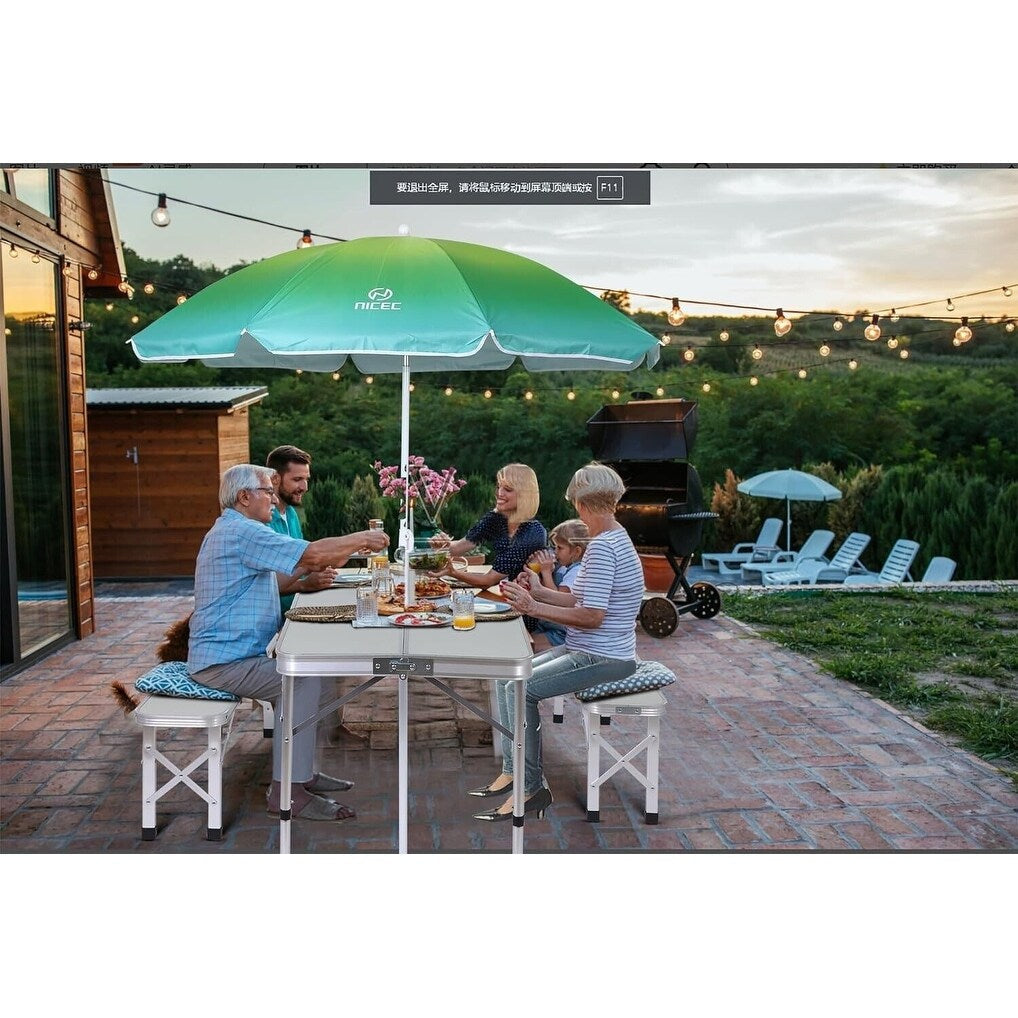Table de pique-nique pliante et parasol pour camping, jardin, terrasse, fête sur la pelouse - Blanc avec parasol