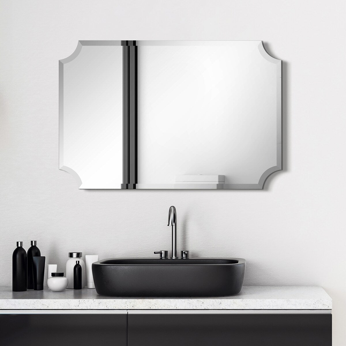 Miroir mural rectangulaire sans cadre à bord biseauté festonné, pour salle de bain, coiffeuse ou chambre, transparent.