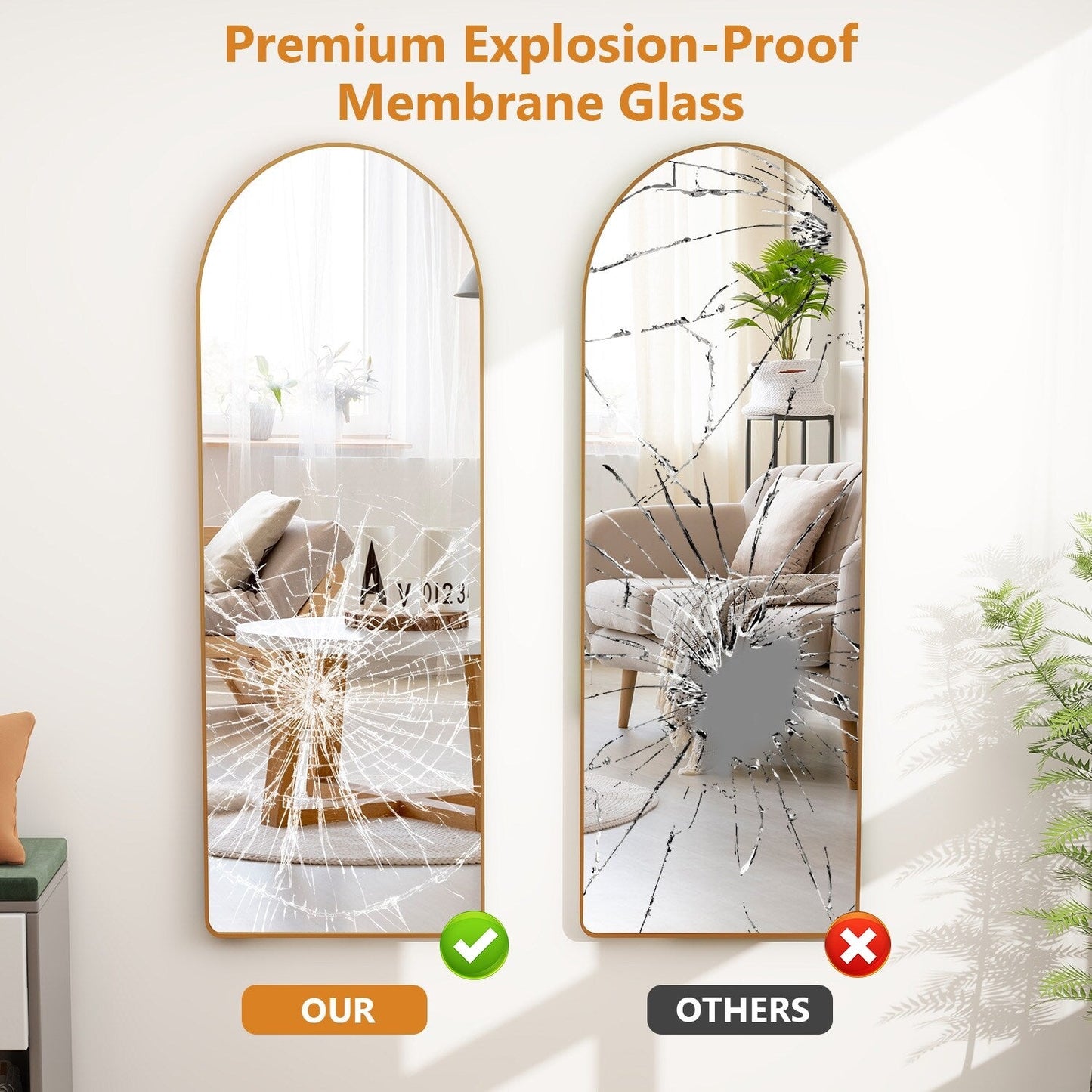 Miroir sur pied arqué pleine longueur avec verre incassable et support en alliage d'aluminium pour chambre ou dressing, à poser au sol