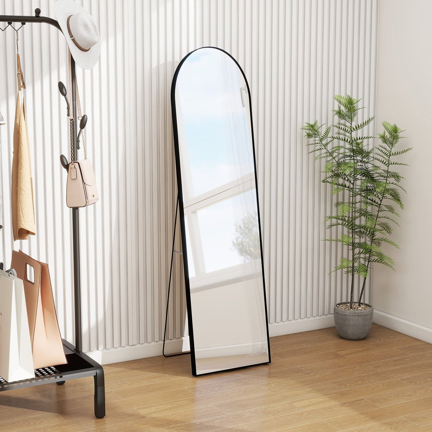 Miroir sur pied arqué pleine longueur avec verre incassable et support en alliage d'aluminium pour chambre ou dressing, à poser au sol