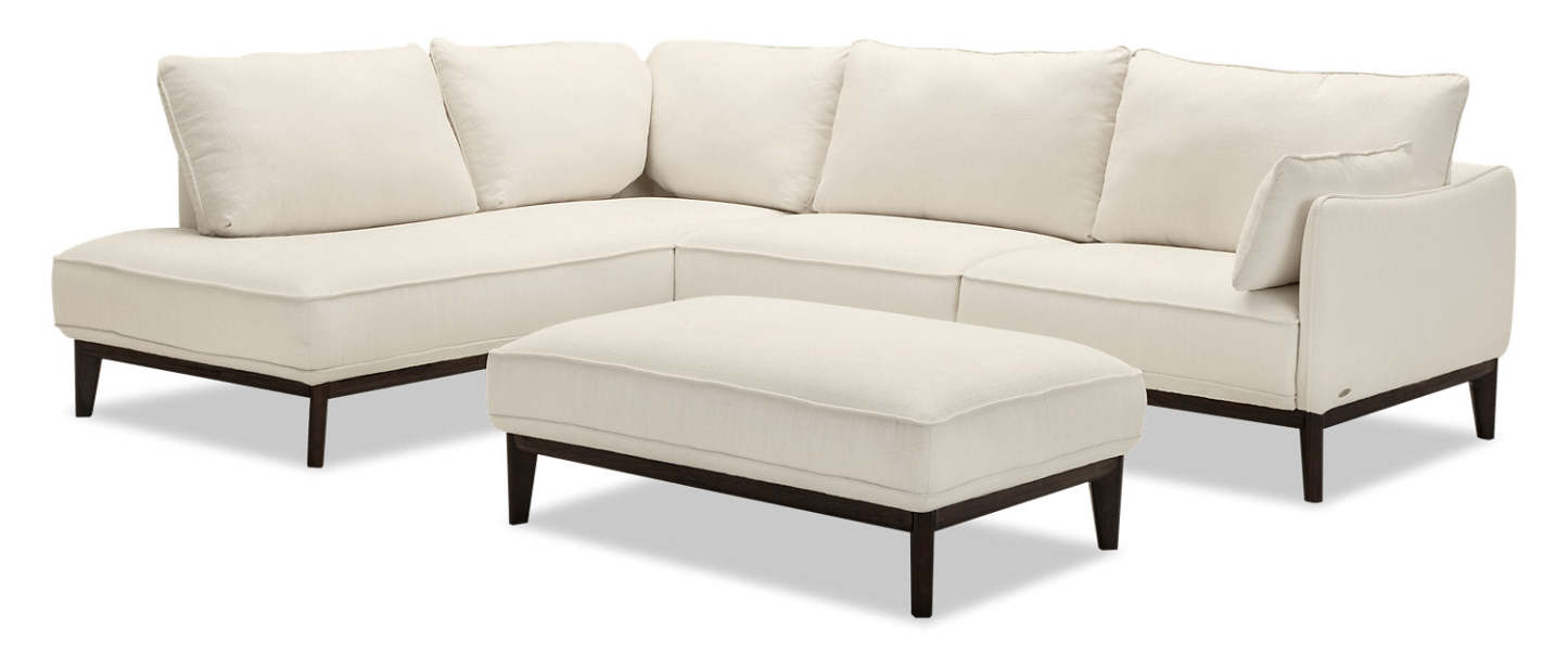 Cindy Crawford Home Gena 2-Piece Left-Facing Linen-Look Fabric Sectional with Wood Legs - Cotton White | Canapé sectionnel gauche Gena de Cindy Crawford Home 2 pièces en tissu d’apparence lin avec pieds en bois - blanc coton