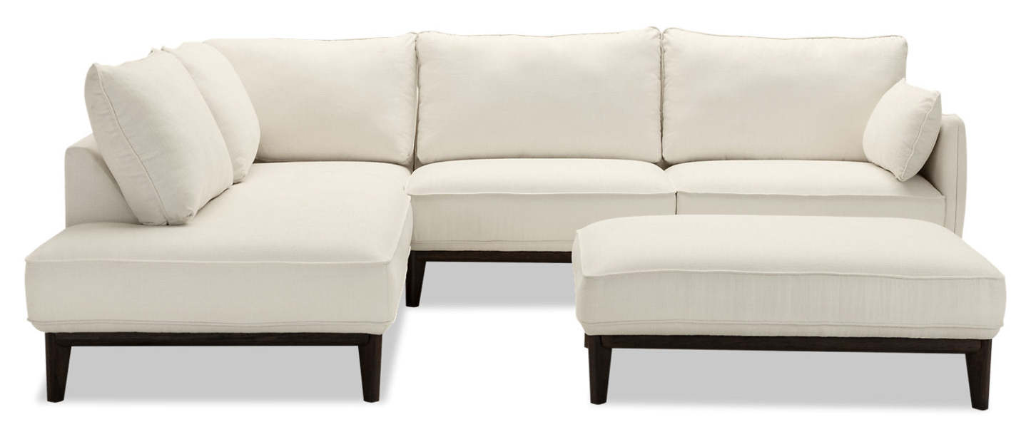 Cindy Crawford Home Gena 2-Piece Left-Facing Linen-Look Fabric Sectional with Wood Legs - Cotton White | Canapé sectionnel gauche Gena de Cindy Crawford Home 2 pièces en tissu d’apparence lin avec pieds en bois - blanc coton