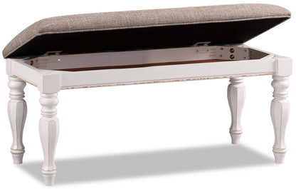 Banc de chambre Grace avec rangement relevable, 19H, bois, tissu - Blanc antique | Banc de chambre à coucher Grace de 19 po (H) en bois et en tissu avec dessus relevable et rangement - blanc antique