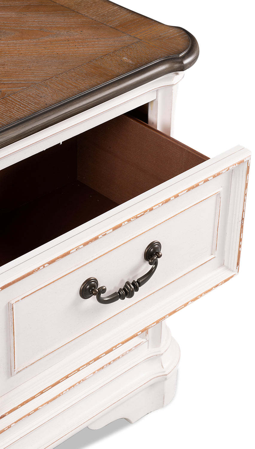 Table de chevet Grace à 2 tiroirs avec ports USB intégrés, 28 L x 28 H - Blanc Antique | Table de nuit Grace de 28 po (L) x 28 po (H) à 2 tiroirs avec ports USB intégrés - blanc antique