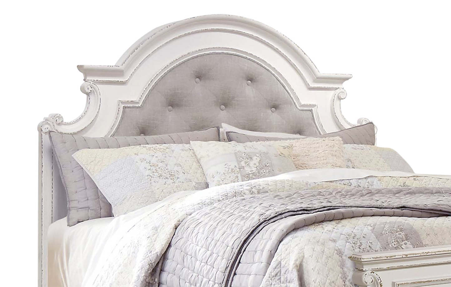 Ensemble de chambre à coucher Grace 6 pièces avec lit, commode, miroir et table de nuit, en bois et en tissu, blanc antique - format grand lit