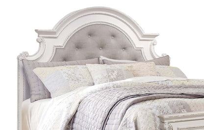 Ensemble de chambre à coucher Grace 6 pièces avec lit, commode, miroir et table de nuit, en bois et en tissu, blanc antique - format grand lit