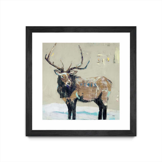 Winter Elk Neutral Matted and Framed Black 36x36 Wall Art|Œuvre d’art murale encadrée noire et mate « Winter Elk Neutral » 36 x 36