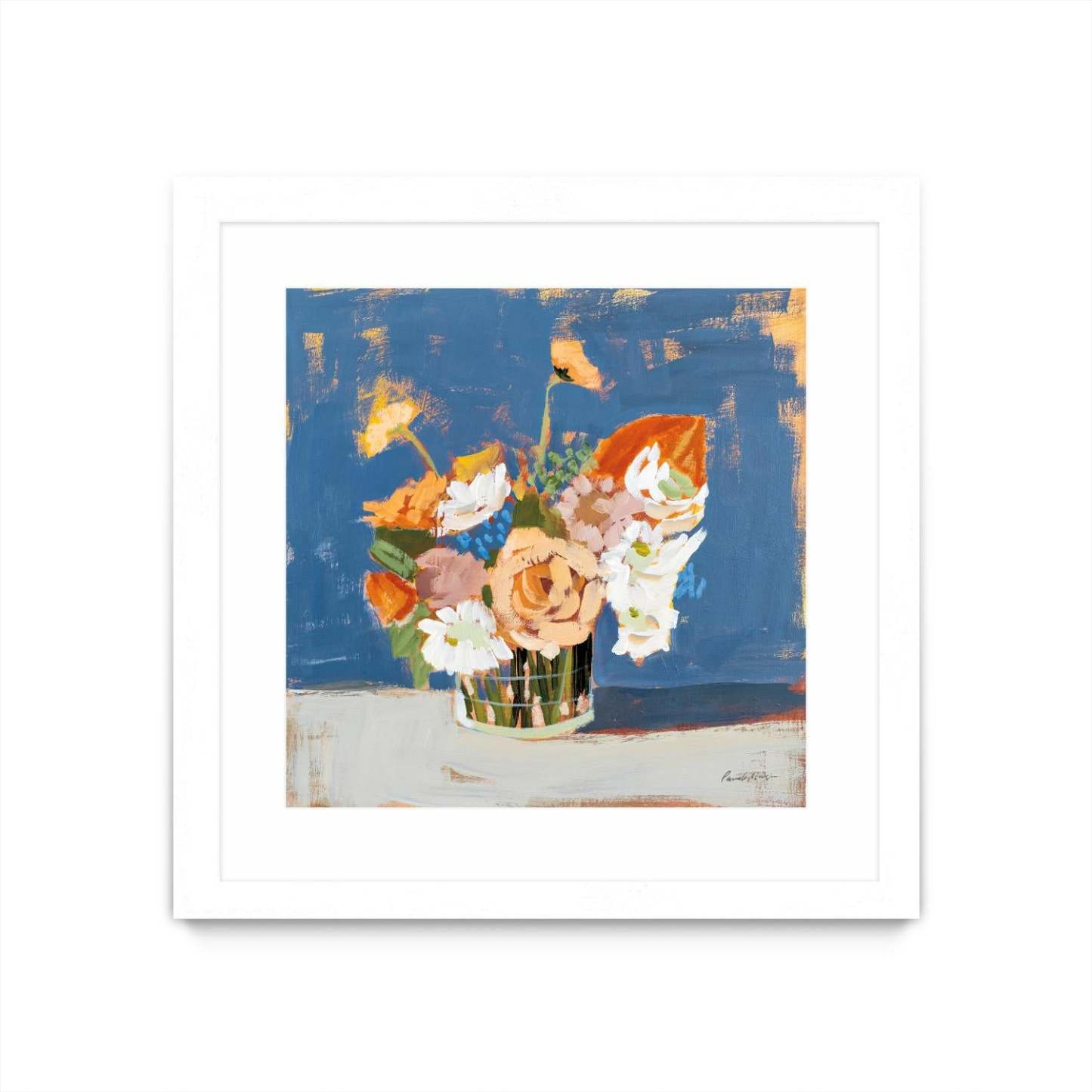 Œuvre d'art murale encadrée blanche et mate « Peach And White Bouquet » 36 x 36