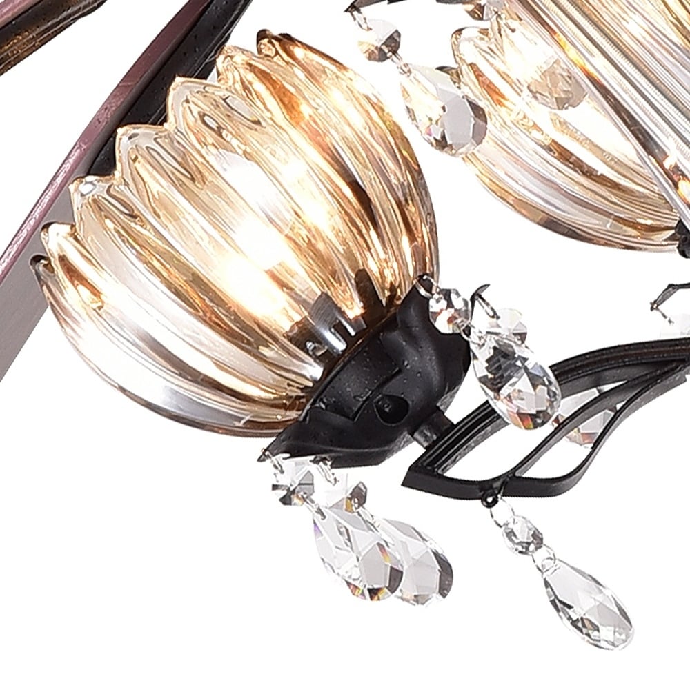 Ventilateur de plafond lumineux Garlow à 5 pales, noir mat, avec lustre à coupelles en cristal en forme de fleur (télécommande incluse) - 132 cm de diamètre