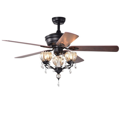 Ventilateur de plafond lumineux Garlow à 5 pales, noir mat, avec lustre à coupelles en cristal en forme de fleur (télécommande incluse) - 132 cm de diamètre