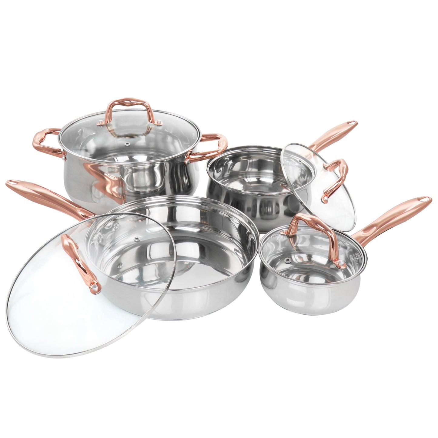 Ensemble de 8 pièces de batterie de cuisine en acier inoxydable Gibson Home Bransonville, finition chrome et bronze