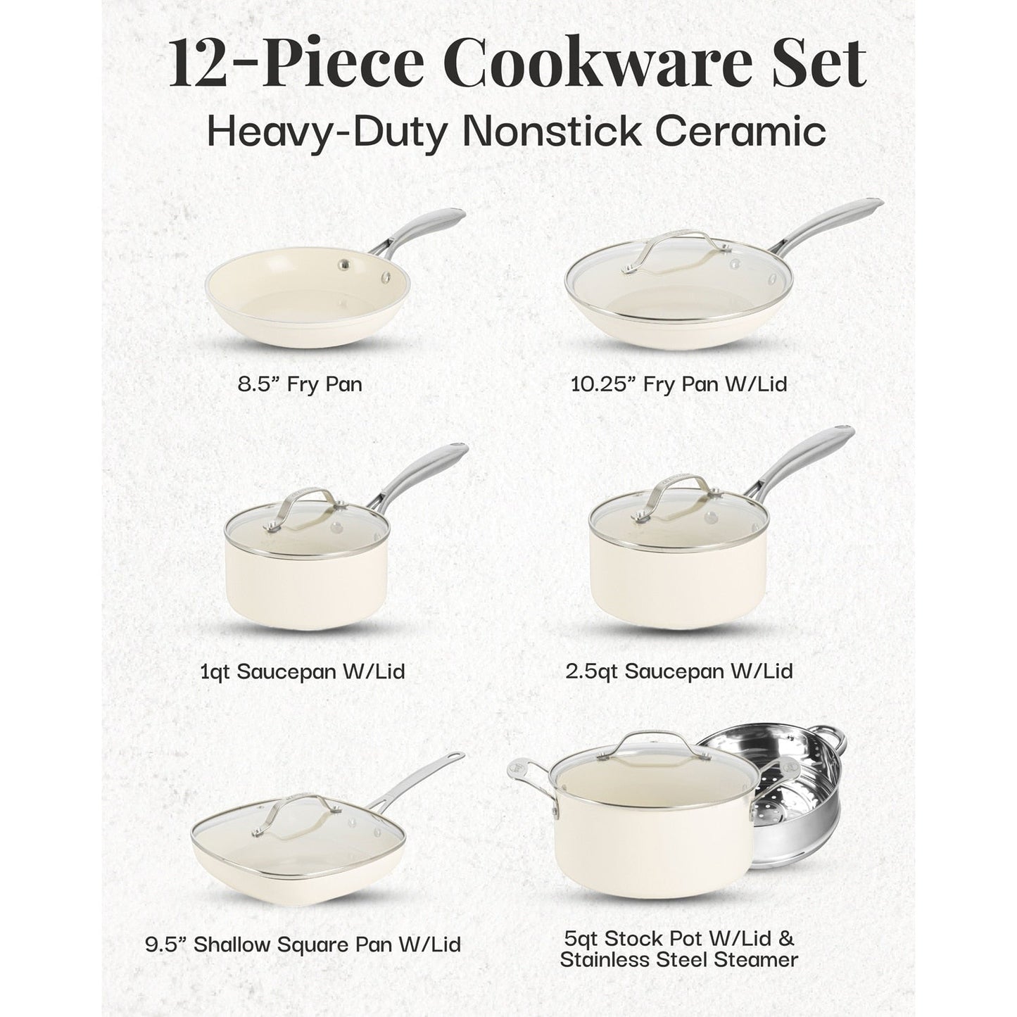 Ensemble de 12 pièces de casseroles et poêles Gotham Steel couleur crème, en céramique ultra antiadhésive avec poignées isolantes
