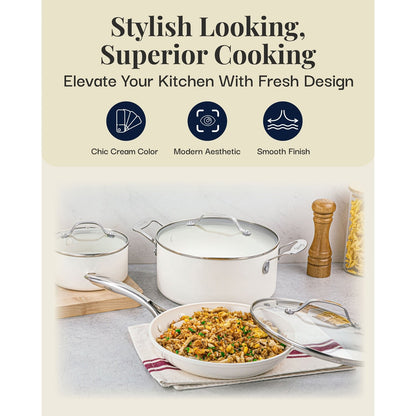 Ensemble de 12 pièces de casseroles et poêles Gotham Steel couleur crème, en céramique ultra antiadhésive avec poignées isolantes