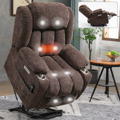Fauteuil inclinable électrique en chenille grise avec massage, chauffage lombaire, ports USB et Type-C et porte-gobelets en acier inoxydable