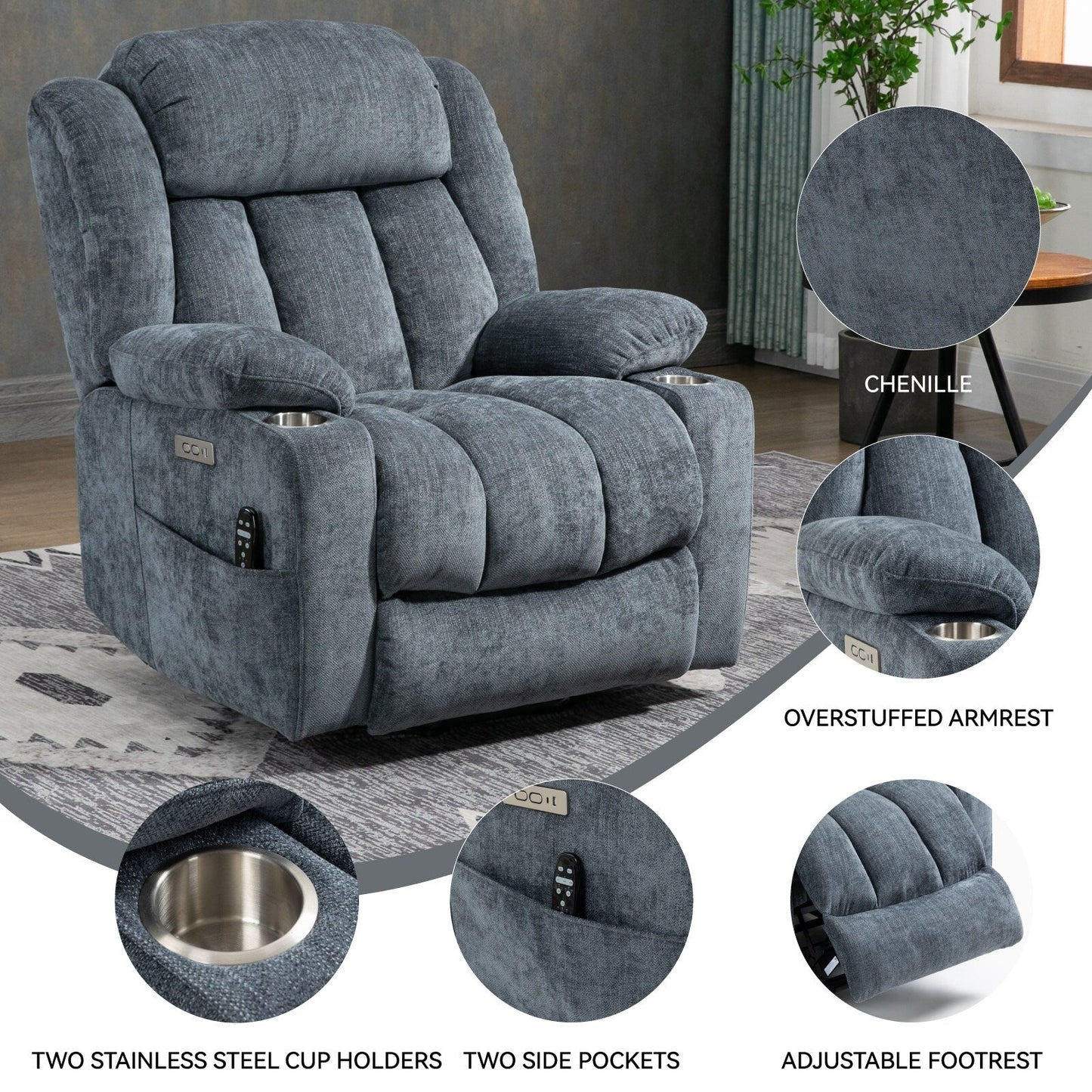 Fauteuil inclinable électrique en chenille grise avec massage, chauffage lombaire, ports USB et Type-C et porte-gobelets en acier inoxydable