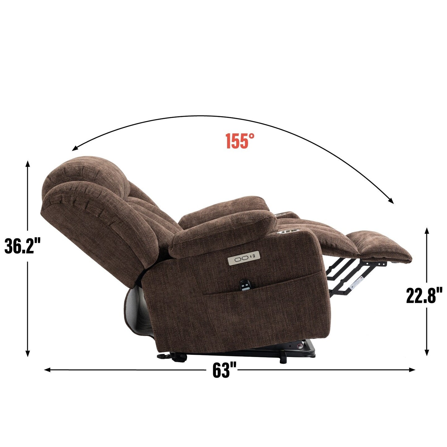 Fauteuil inclinable électrique en chenille grise avec massage, chauffage lombaire, ports USB et Type-C et porte-gobelets en acier inoxydable