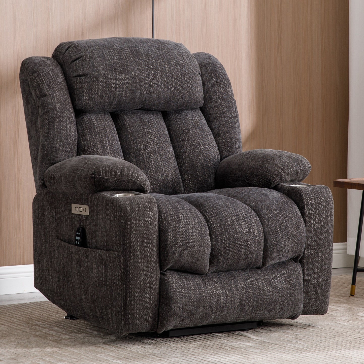 Fauteuil inclinable électrique en chenille grise avec massage, chauffage lombaire, ports USB et Type-C et porte-gobelets en acier inoxydable