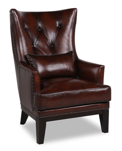 Fauteuil d'appoint Haden de 30 po en cuir avec coussin lombaire, véritables pattes en hévéa et bordure de clous décoratifs - brun