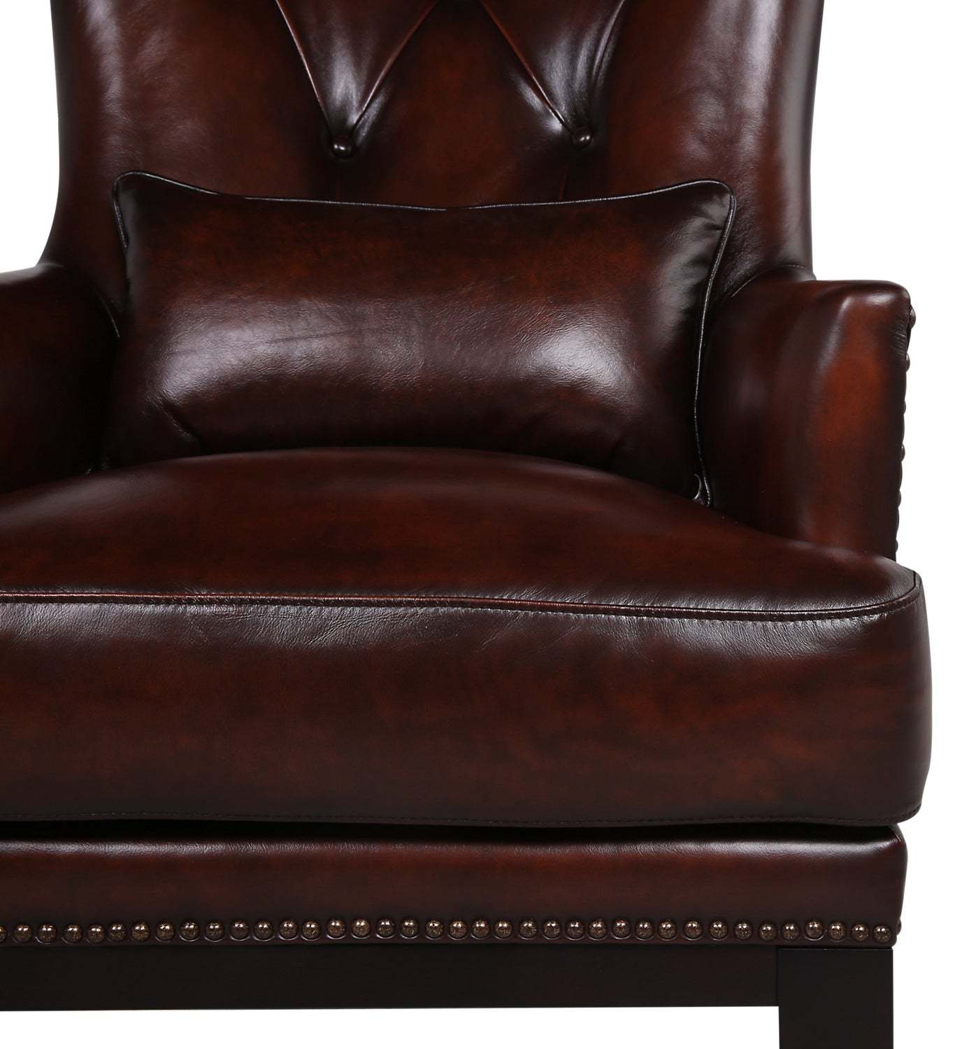 Fauteuil d'appoint Haden de 30 po en cuir avec coussin lombaire, véritables pattes en hévéa et bordure de clous décoratifs - brun
