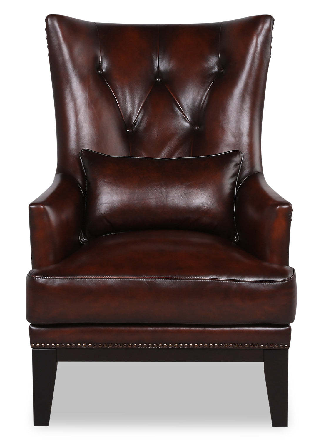Fauteuil d'appoint Haden de 30 po en cuir avec coussin lombaire, véritables pattes en hévéa et bordure de clous décoratifs - brun