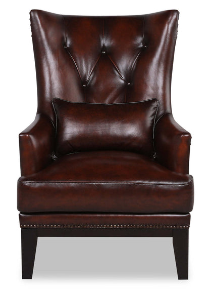 Fauteuil d'appoint Haden de 30 po en cuir avec coussin lombaire, véritables pattes en hévéa et bordure de clous décoratifs - brun