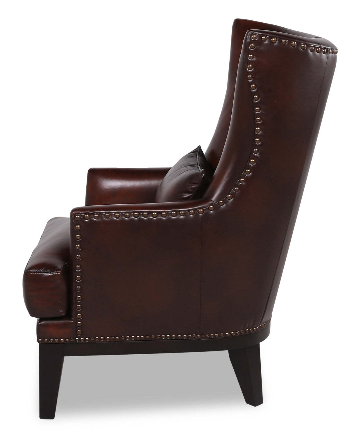 Fauteuil d'appoint Haden de 30 po en cuir avec coussin lombaire, véritables pattes en hévéa et bordure de clous décoratifs - brun