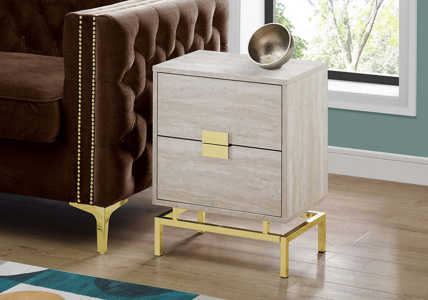 Hanna 18.25 2-Drawer Marble Accent Table - Beige &amp; Gold|Table d'appoint Hanna de 18,25 po fini marbre avec 2 tiroirs - beige et doré