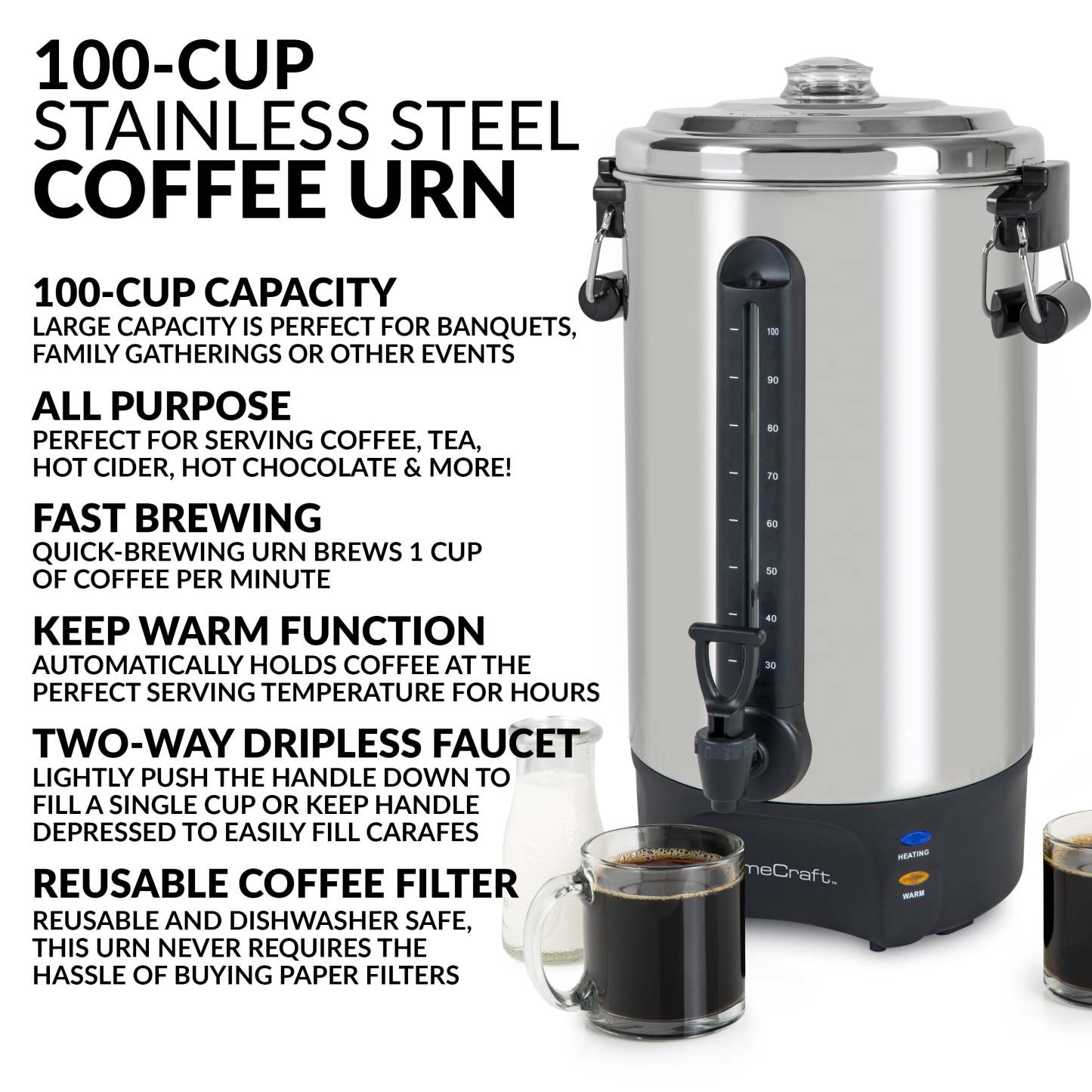 Cafetière Homecraft avec urne à café de 100 tasses et distributeur de boissons chaudes - HCCU100SS